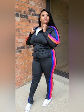 Women’s Black Track Pants with Pink & Blue Stripe